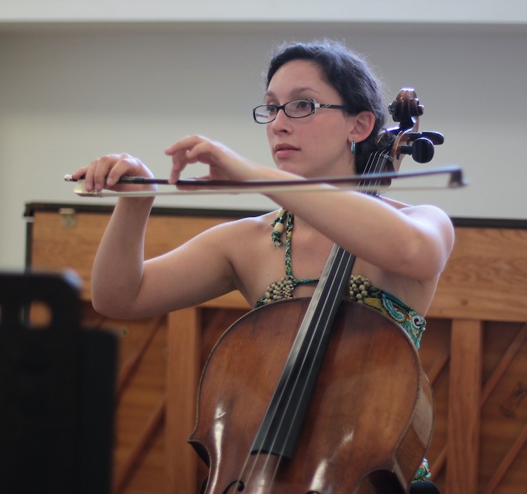 Chicago cello teacher Veronica Kolegas with bow